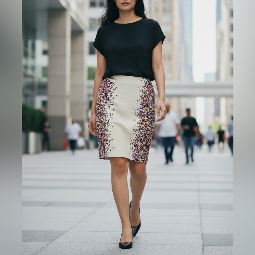 - Akris Punto Cream Blue Multi Pencil Skirt Geometric Print Business Career